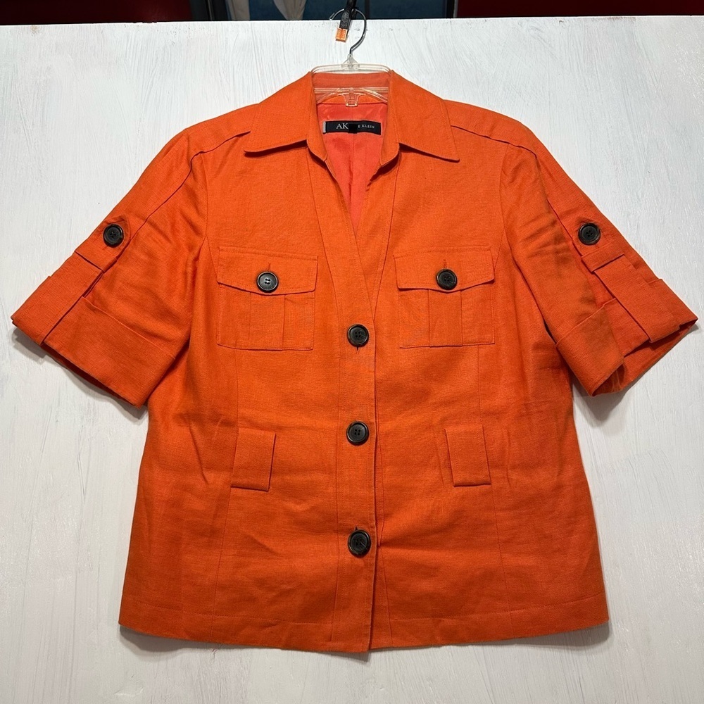 Anne Klein 100% Linen Blazer Jacket | Orange Red Safari Style | Women’s Size 10